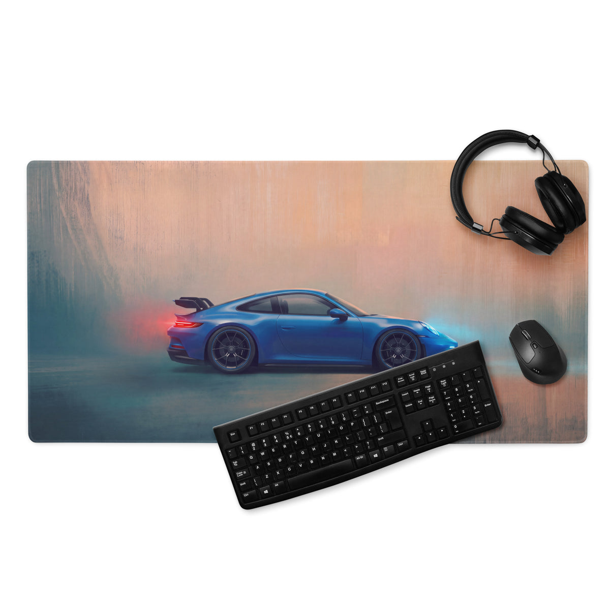 Rectangular gaming mousepad with blue Porsche 911 GT3 inspired sports car graphic and ultra-glide stitched edge design