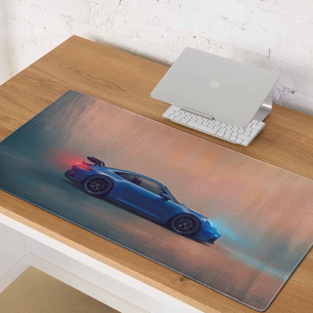 Blue porsche 911 gt3 inspired shark blue profile stitched edge desk pad with ultra glide surface for gaming mice