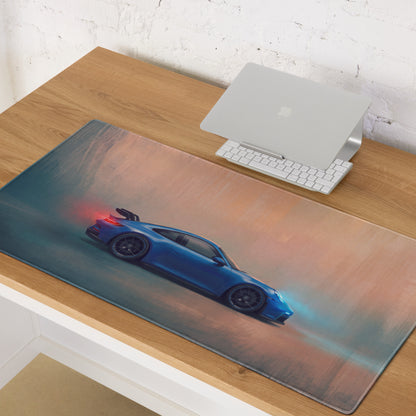 Blue porsche 911 gt3 inspired shark blue profile stitched edge desk pad with ultra glide surface for gaming mice