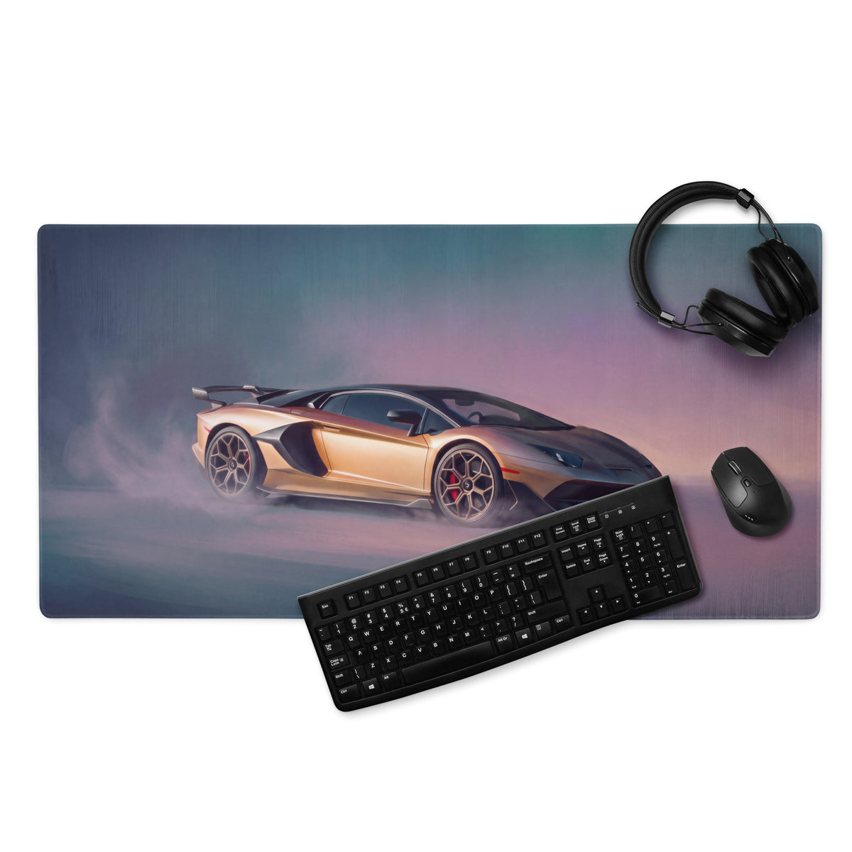 Rectangular gaming mousepad with a gold and black lamborghini drifting on a misty track in purple and teal tones