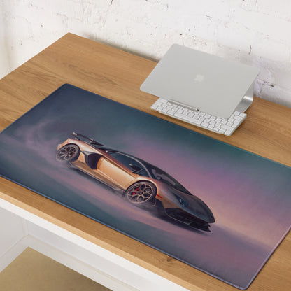 A sleek rectangular non-slip gaming mousepad featuring a gold and black lamborghini drifting on a purple and blue background