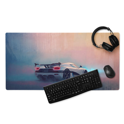 Koenigsegg agera inspired pearl glacier desk mat featuring a white hypercar on a vibrant gradient xl gaming mousepad