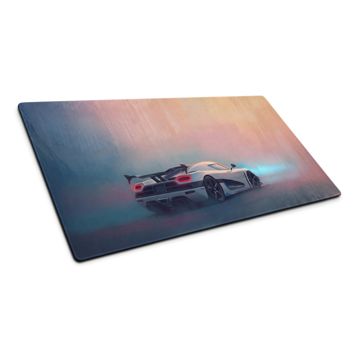 Koenigsegg agera inspired pearl glacier xl gaming mousepad with vibrant white hypercar illustration and blue exhaust flames