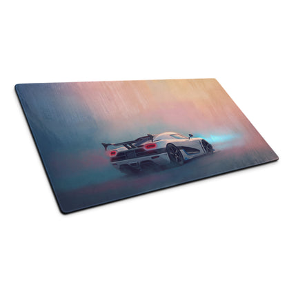 Koenigsegg agera inspired pearl glacier xl gaming mousepad with vibrant white hypercar illustration and blue exhaust flames