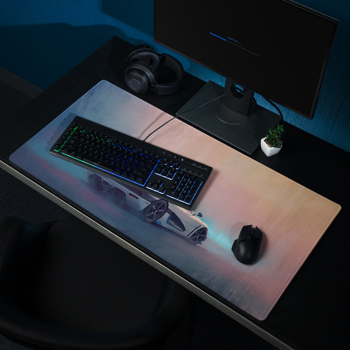 Koenigsegg agera inspired pearl glacier desk mat with vibrant gradient and illuminated white sports car design