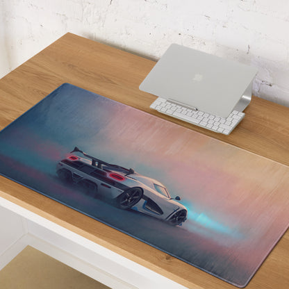 Koenigsegg agera inspired pearl glacier xl gaming mousepad with vibrant white hypercar on blue and pink misty background
