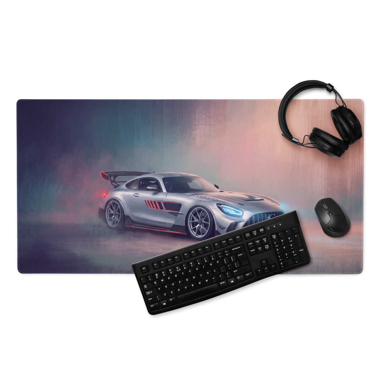 Silver mercedes amg gt r racing car graphic printed on large stitched edge gaming mouse mat desk pad