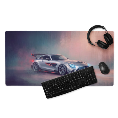 Silver mercedes amg gt r racing car graphic printed on large stitched edge gaming mouse mat desk pad