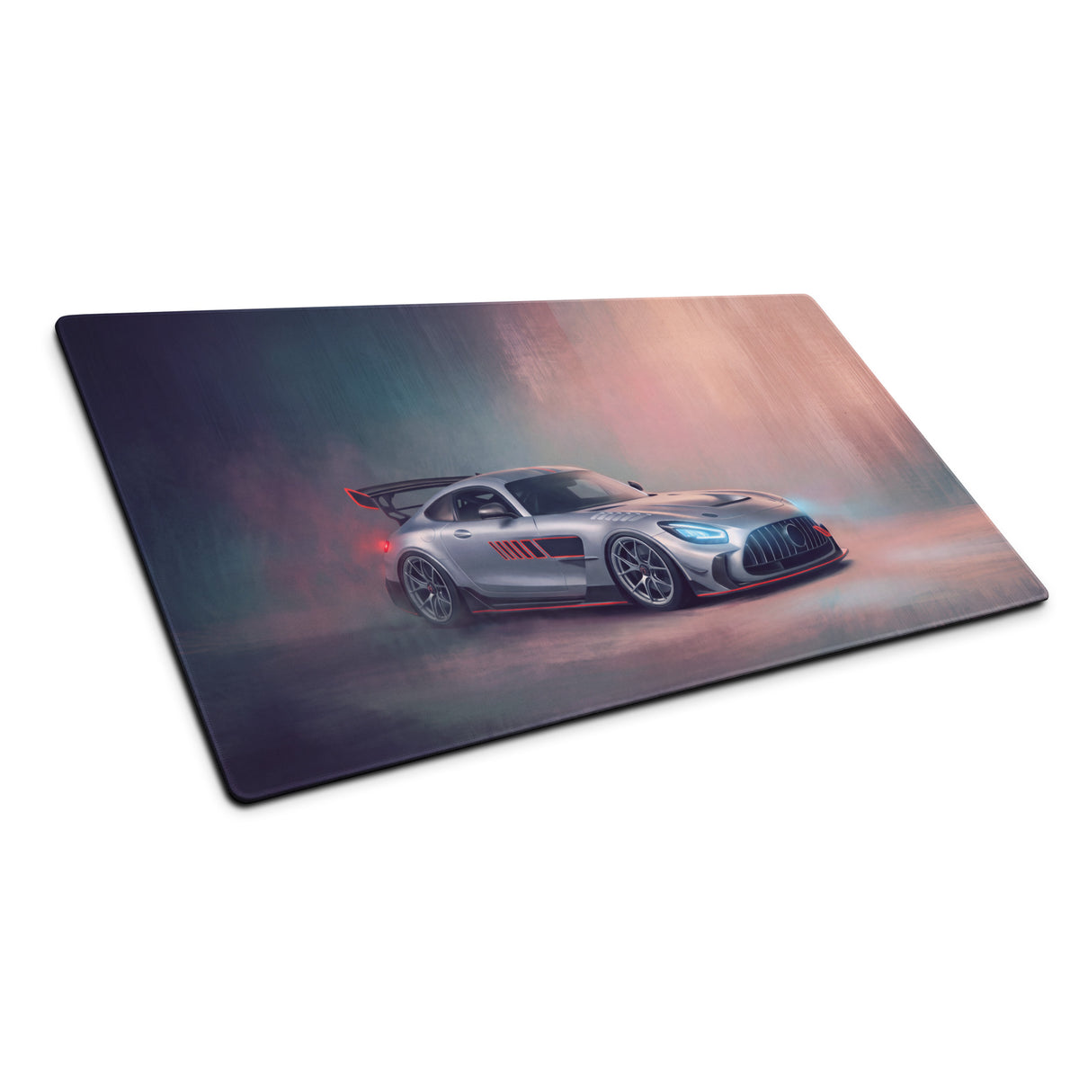 Silver mercedes-amg gt r racing car graphic printed on a rectangular ultra-glide stitched edge gaming mousepad