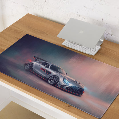 Silver and red mercedes-amg gt r racing car graphic printed on a large stitched edge silver track desk pad for gaming