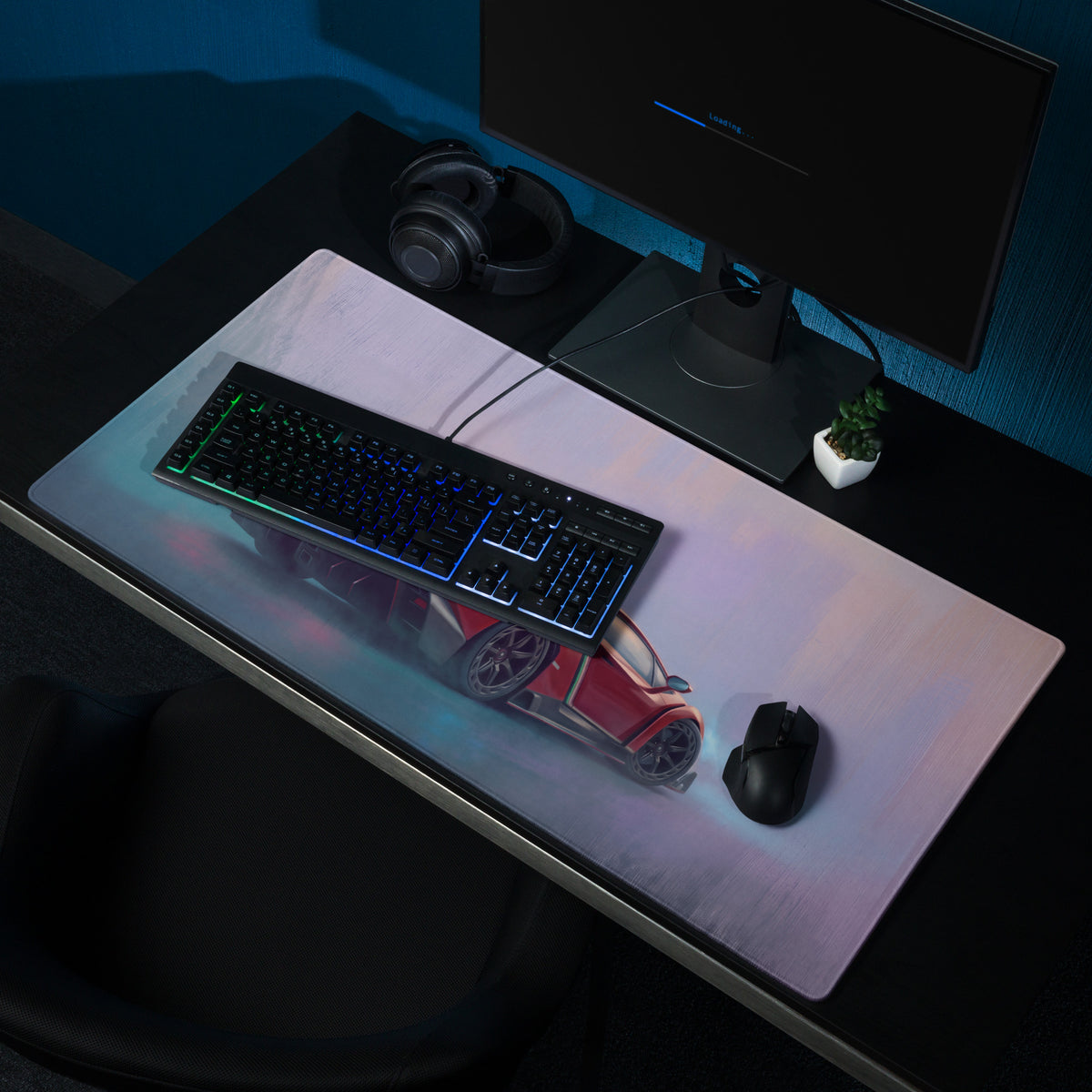 A sleek rectangular low-friction cloth Lamborghini Veneno inspired Rosso Apex gaming mousepad with red black and blue design