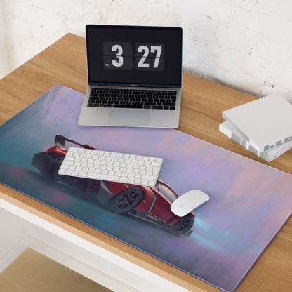 A rectangular low-friction cloth gaming mousepad with a red and black Lamborghini Veneno inspired racing car design