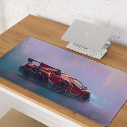 Lamborghini veneno inspired rosso apex desk mat featuring a red sports car graphic on a soft low-friction cloth mousepad