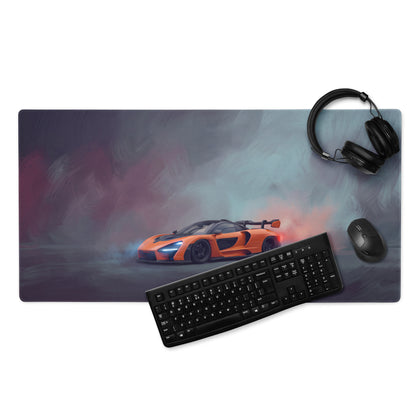 Orange mclaren senna inspired papaya drift gaming mousepad with non slip surface on extended rectangular desk mat