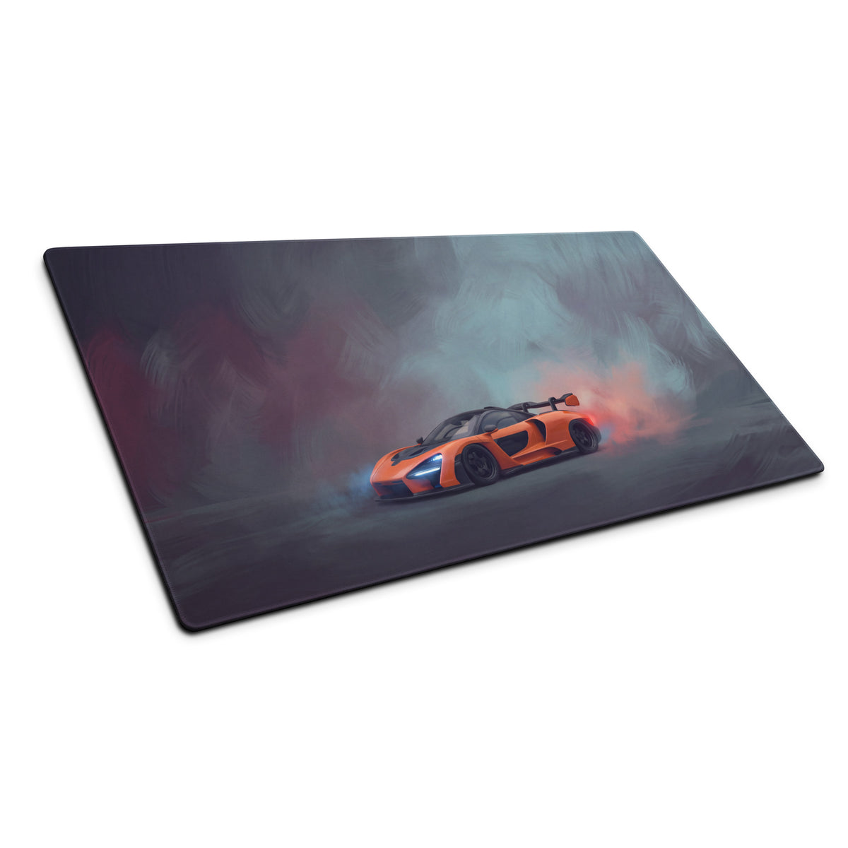 Orange McLaren Senna inspired papaya drift graphic on rectangular extended non-slip desk pad for PC mouse use