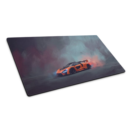 Orange McLaren Senna inspired papaya drift graphic on rectangular extended non-slip desk pad for PC mouse use