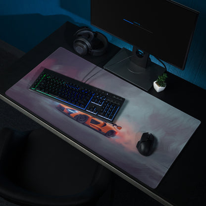 Orange McLaren Senna inspired sports car graphic on gray extended non-slip papaya drift gaming mousepad