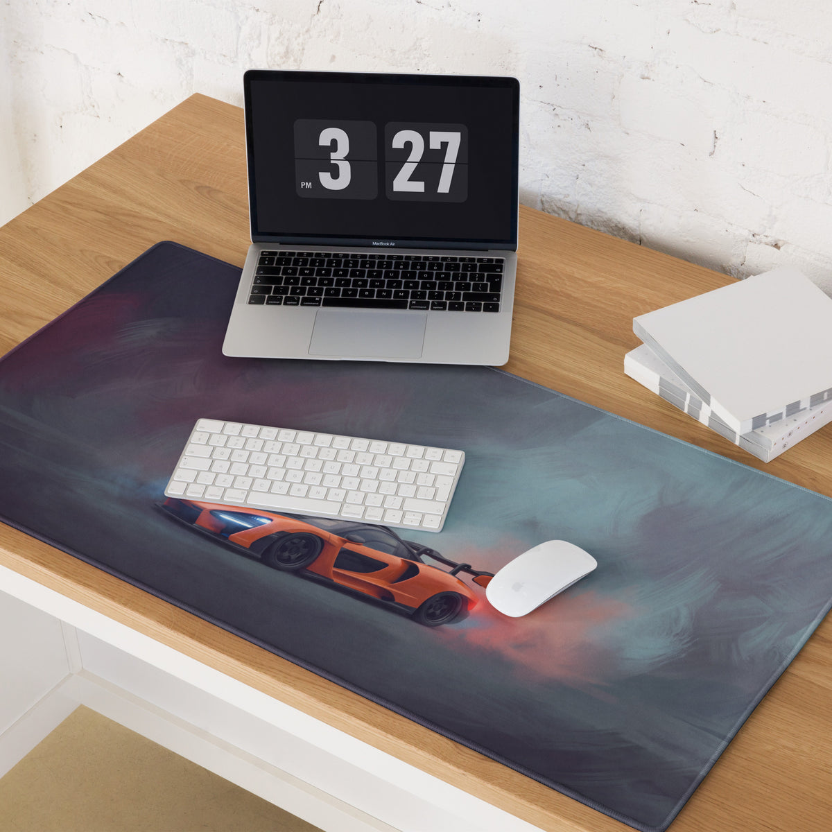 Orange sports car graphic on dark gray extended non-slip papaya drift McLaren Senna inspired desk pad mouse mat