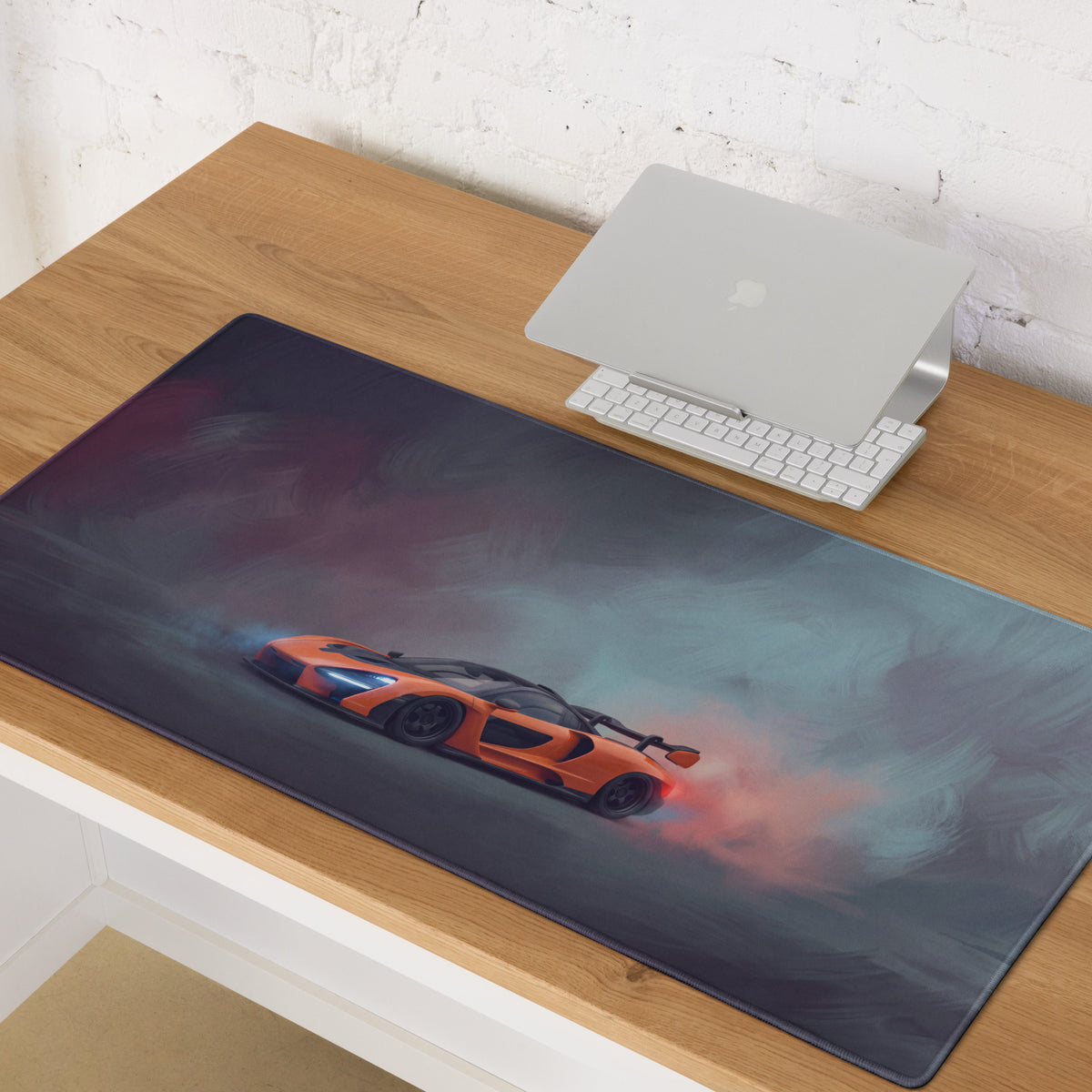 Orange mclaren sports car graphic on dark gray non-slip extended gaming mousepad inspired by mclaren senna papaya drift