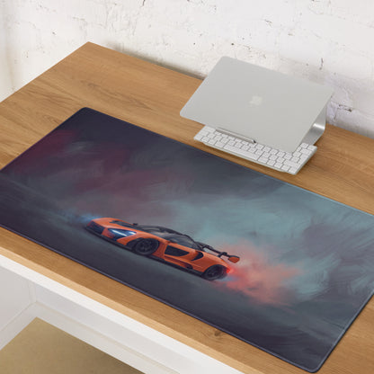 Orange mclaren sports car graphic on dark gray non-slip extended gaming mousepad inspired by mclaren senna papaya drift
