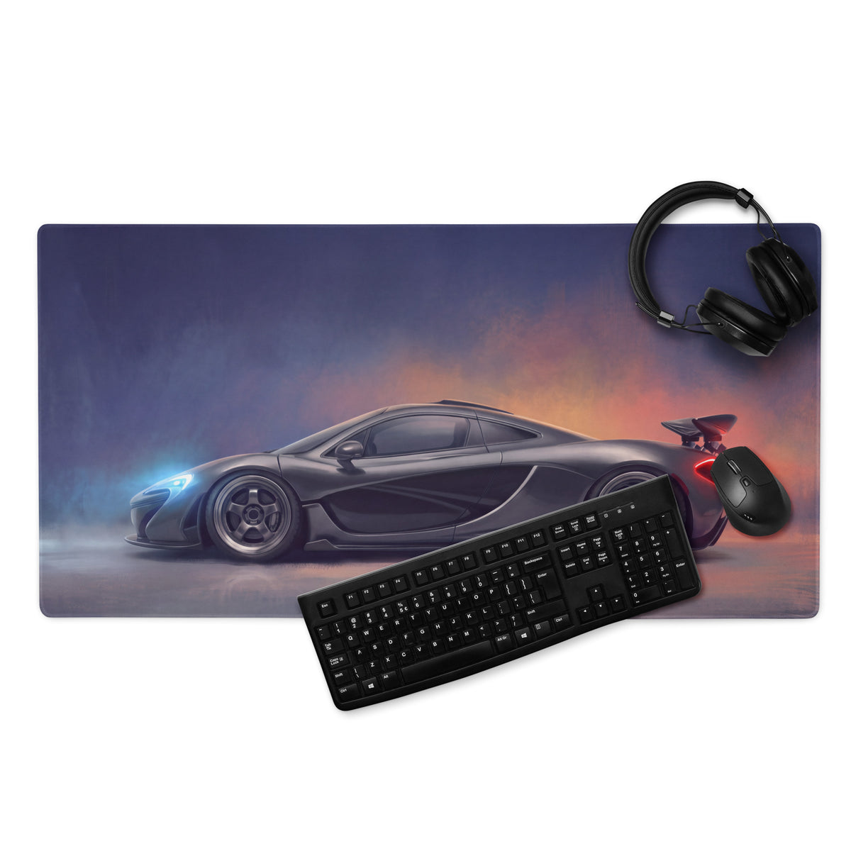 Black mclaren p1 racing car graphic printed on charcoal profile rectangular desk mat high precision xl gaming mousepad