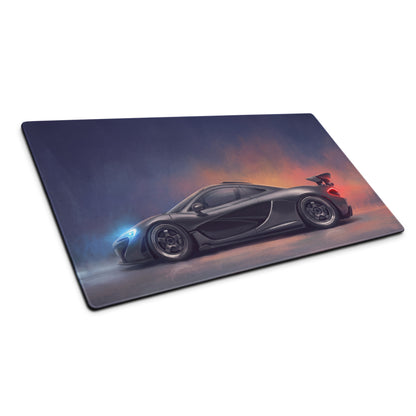 Black mclaren p1 racing car graphic printed on a charcoal profile xl gaming mousepad for precise control