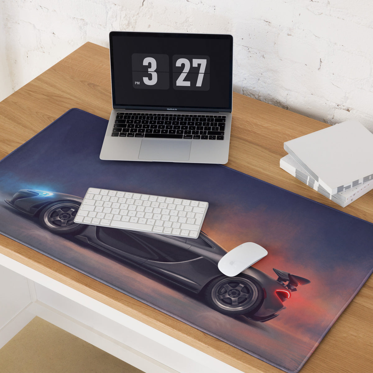 Dark blue racing car-themed mousepad with glossy finish and detailed graphics in mclaren p1 inspired charcoal profile desk mat