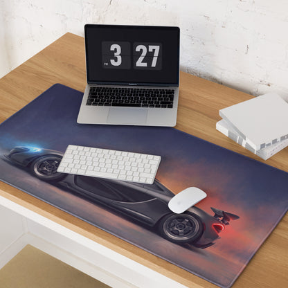 Dark blue racing car-themed mousepad with glossy finish and detailed graphics in mclaren p1 inspired charcoal profile desk mat