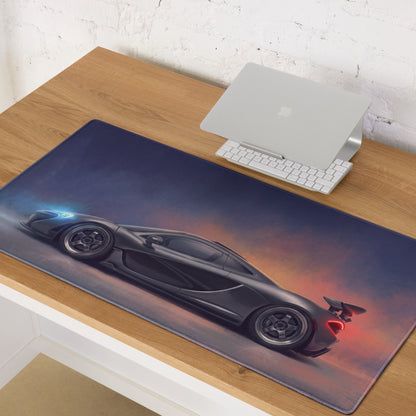 Black mclaren p1 racing car graphic printed on charcoal soft-textured xl desk mat with subtle blue and red lighting effects