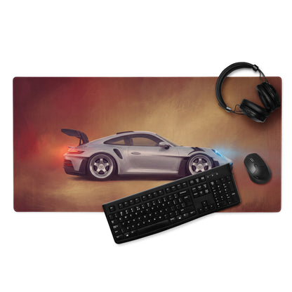 Silver porsche 911 gt3 rs inspired gaming mousepad with ultra-glide surface and stitched edges for smooth gameplay