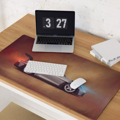 Brown leather-like porsche 911 gt3 rs inspired silver apex desk pad with futuristic vehicle graphic and stitched edge