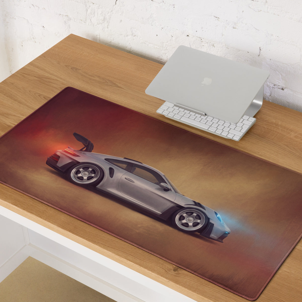 Silver porsche 911 gt3 rs inspired apex desk pad with ultra-glide stitched edge printed on rectangular mousepad