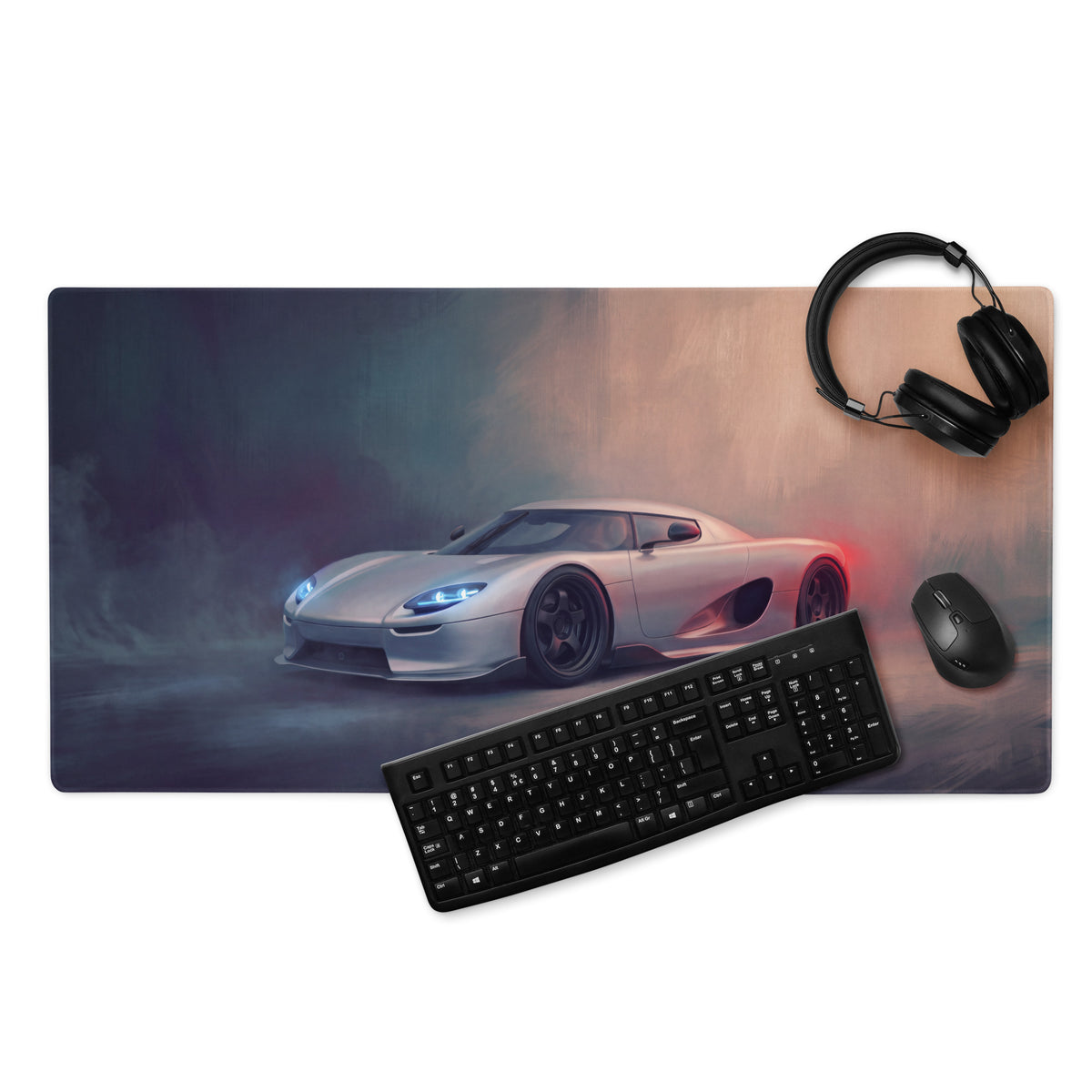 Silver koenigsegg hypercar graphic printed on a rectangular low-friction gaming mousepad for desktop setups