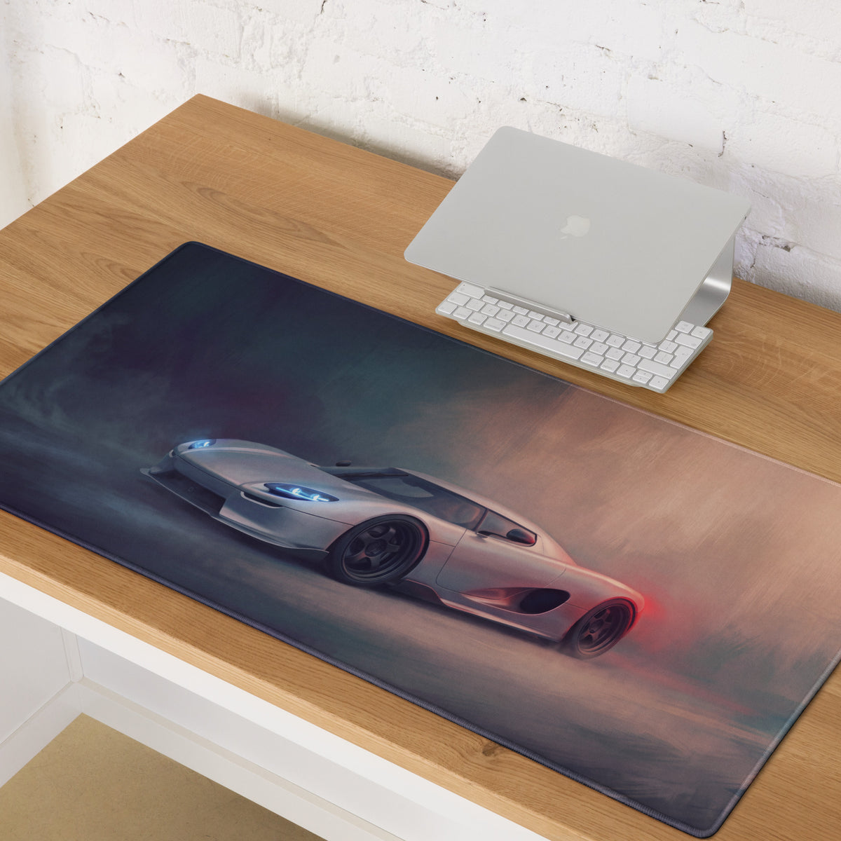 Koenigsegg ccx inspired silver shadow desk mat with silver futuristic sports car graphic low-friction large mousepad