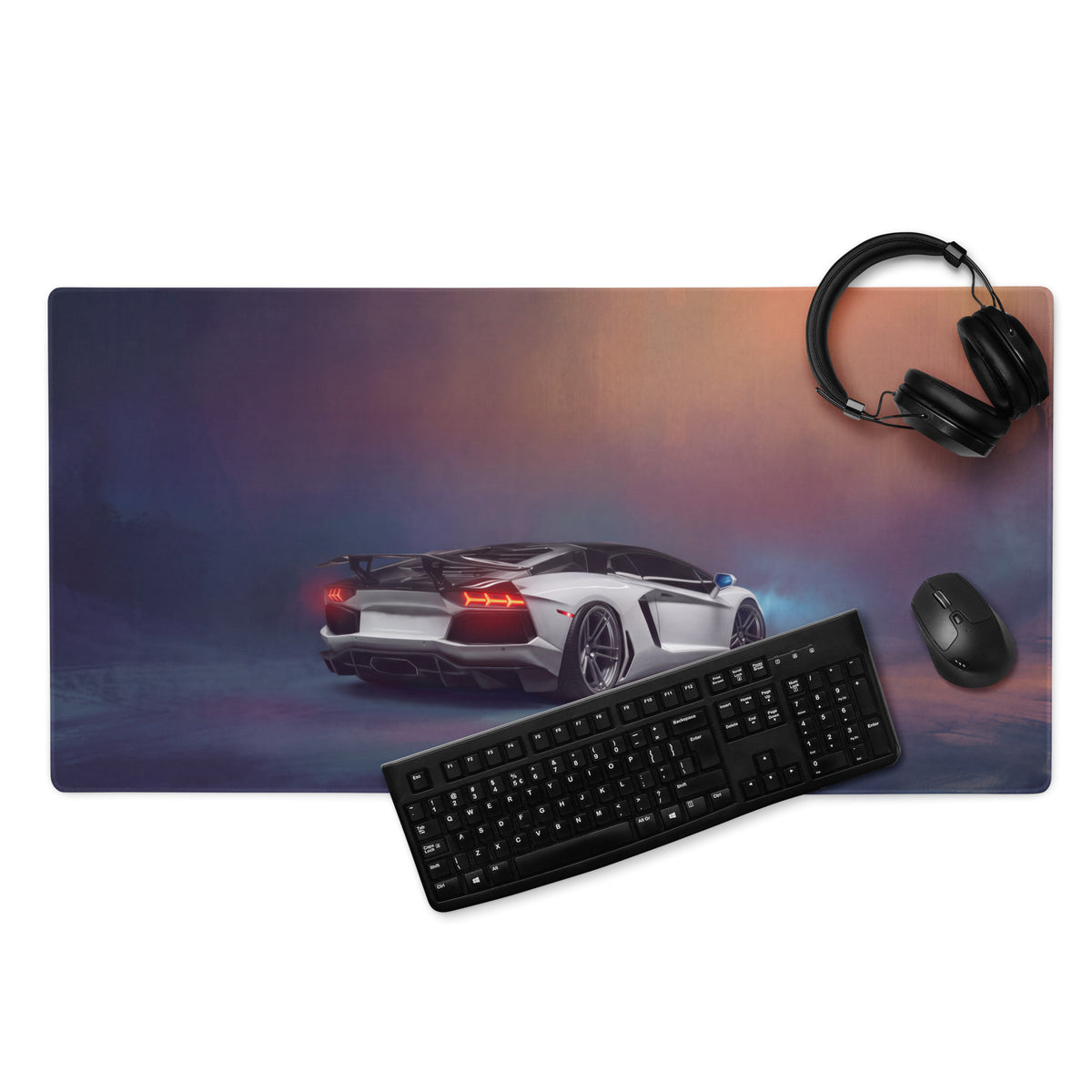 A sleek white Lamborghini Aventador graphic on a pearl frost extended non-slip gaming mousepad with vibrant red taillights