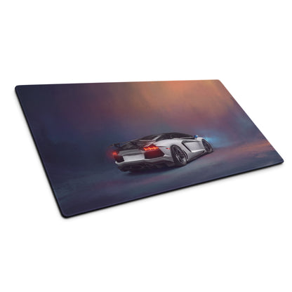 White lamborghini aventador sports car graphic printed on a pearl frost extended non-slip gaming desk pad