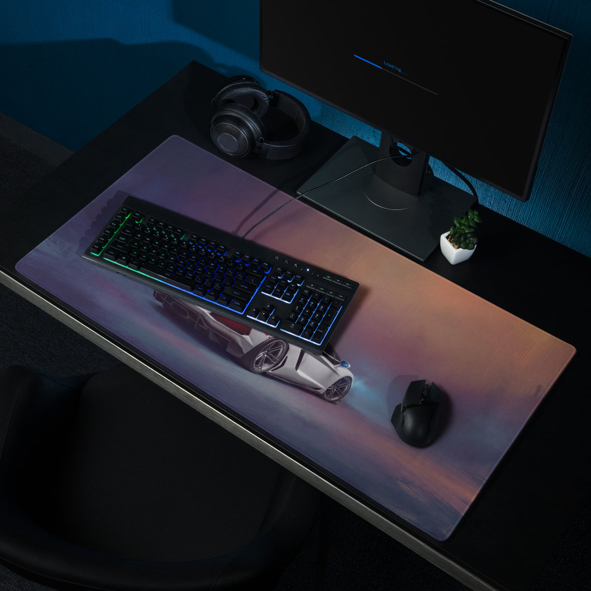 A sleek rectangular Lamborghini Aventador inspired pearl frost gaming mousepad with vibrant gradient and white sports car image