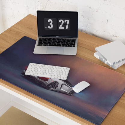 Lamborghini Aventador inspired pearl frost extended gaming mousepad with a silver sports car design and non-slip surface