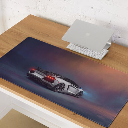Lamborghini aventador inspired pearl frost desk pad featuring a sleek silver car graphic on a blue to orange gradient