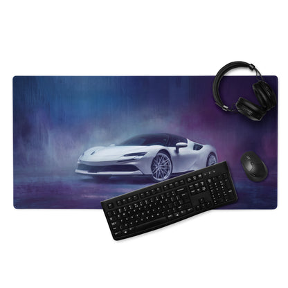 A sleek white ferrari sports car graphic on a dark purple and blue ferrari sf90 inspired pearl nebula xl desk mat