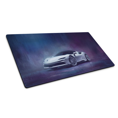 Ferrari SF90 inspired pearl nebula desk mat featuring white Ferrari sports car on dark purple and blue gradient mousepad