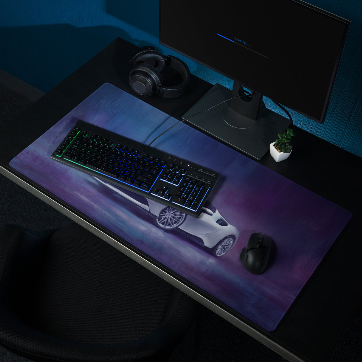 Purple and blue gradient high-precision xl gaming mousepad with white ferrari sf90 inspired sports car design