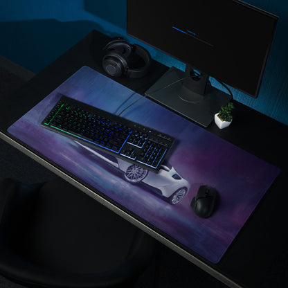 Purple and blue gradient high-precision xl gaming mousepad with white ferrari sf90 inspired sports car design