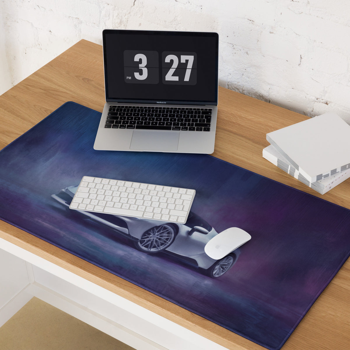 A sleek dark blue Ferrari SF90 inspired pearl nebula desk mat featuring a silver sports car graphic for gaming