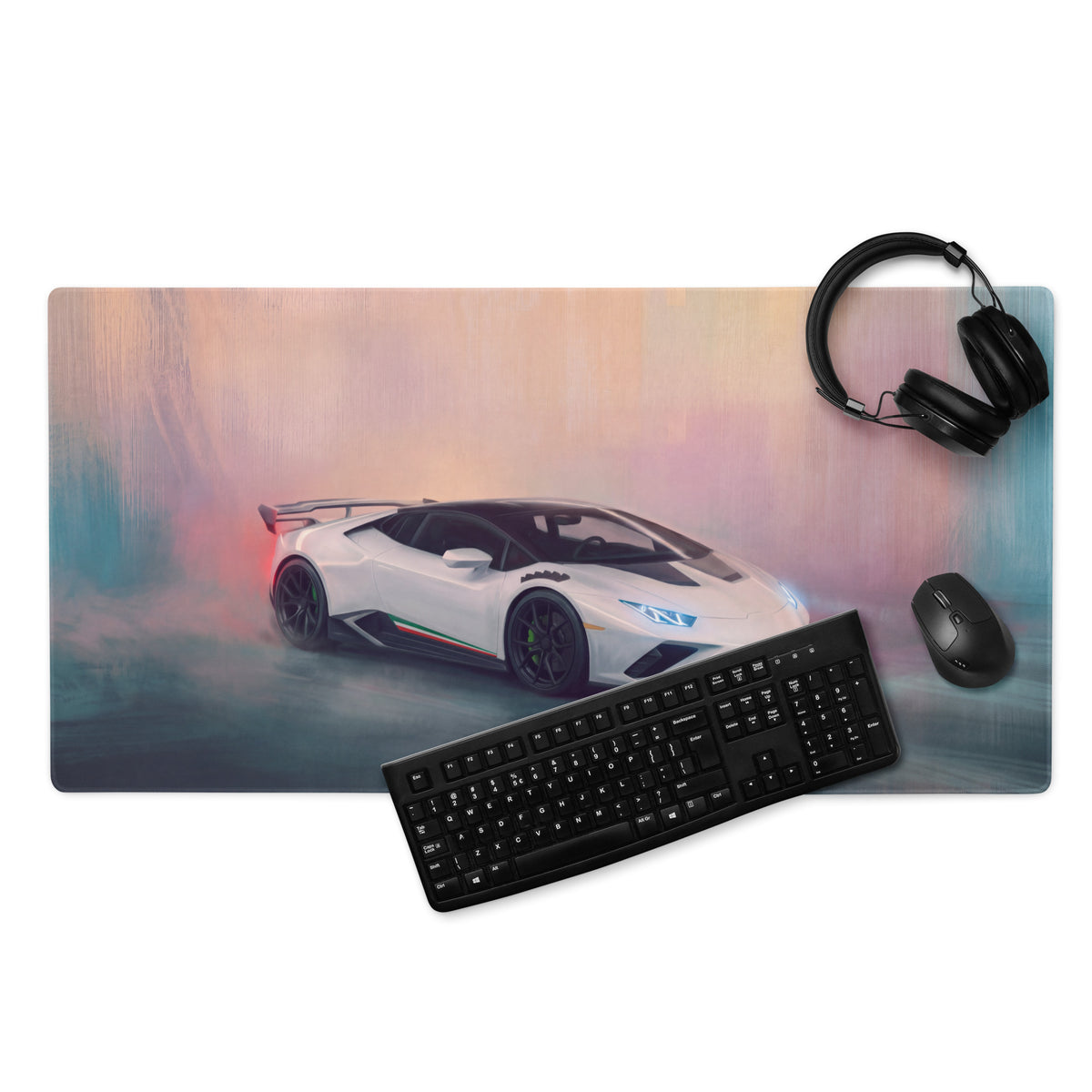 White lamborghini huracán sports car graphic printed on a rectangular pearl tricolore stitched edge gaming mousepad