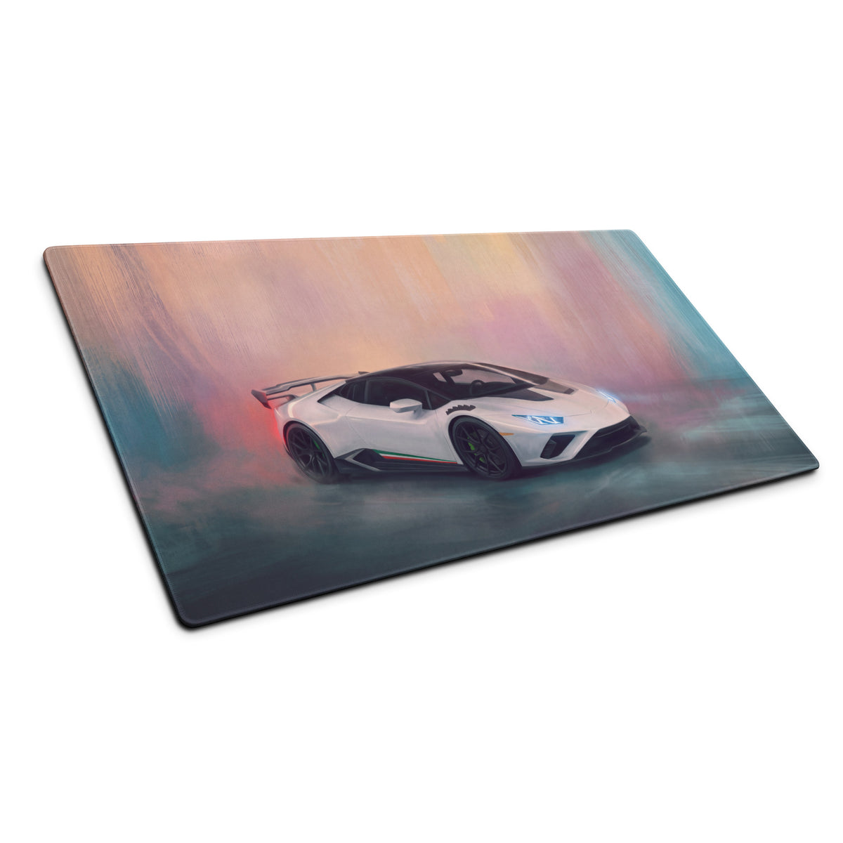 White Lamborghini Huracán inspired pearl tricolore desk pad with glossy surface and ultra-glide stitched edge for gaming