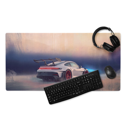 A low-friction cloth gaming mousepad with a vibrant white Porsche 911 GT3 RS illustration and chalk crimson accents