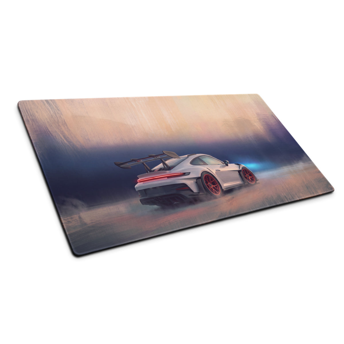 White porsche 911 gt3 rs inspired chalk crimson accent desk mat with red wheels glowing taillights low friction cloth mousepad