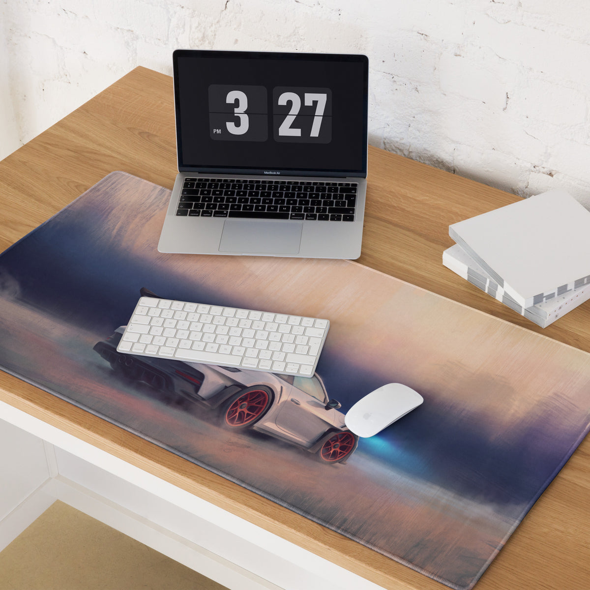 Porsche 911 gt3 rs inspired chalk crimson accent low friction cloth gaming mousepad with white sports car graphic