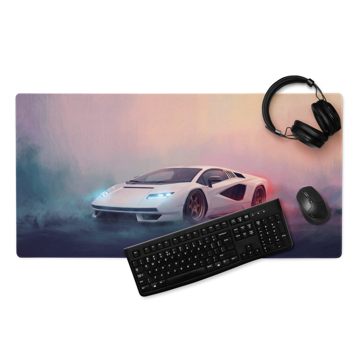 Rectangular Lamborghini Countach inspired pearl bronze desk pad with vibrant white lamborghini image and non-slip base